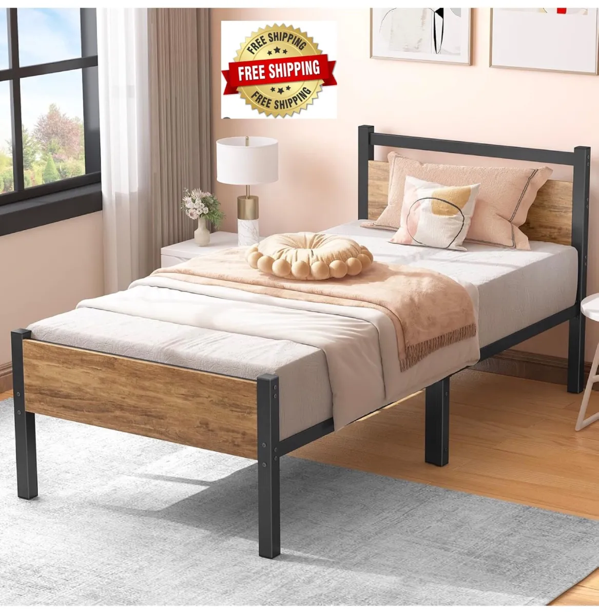 Single Bed Frame with Wooden Headboard, 31.5cm Met - Image 1