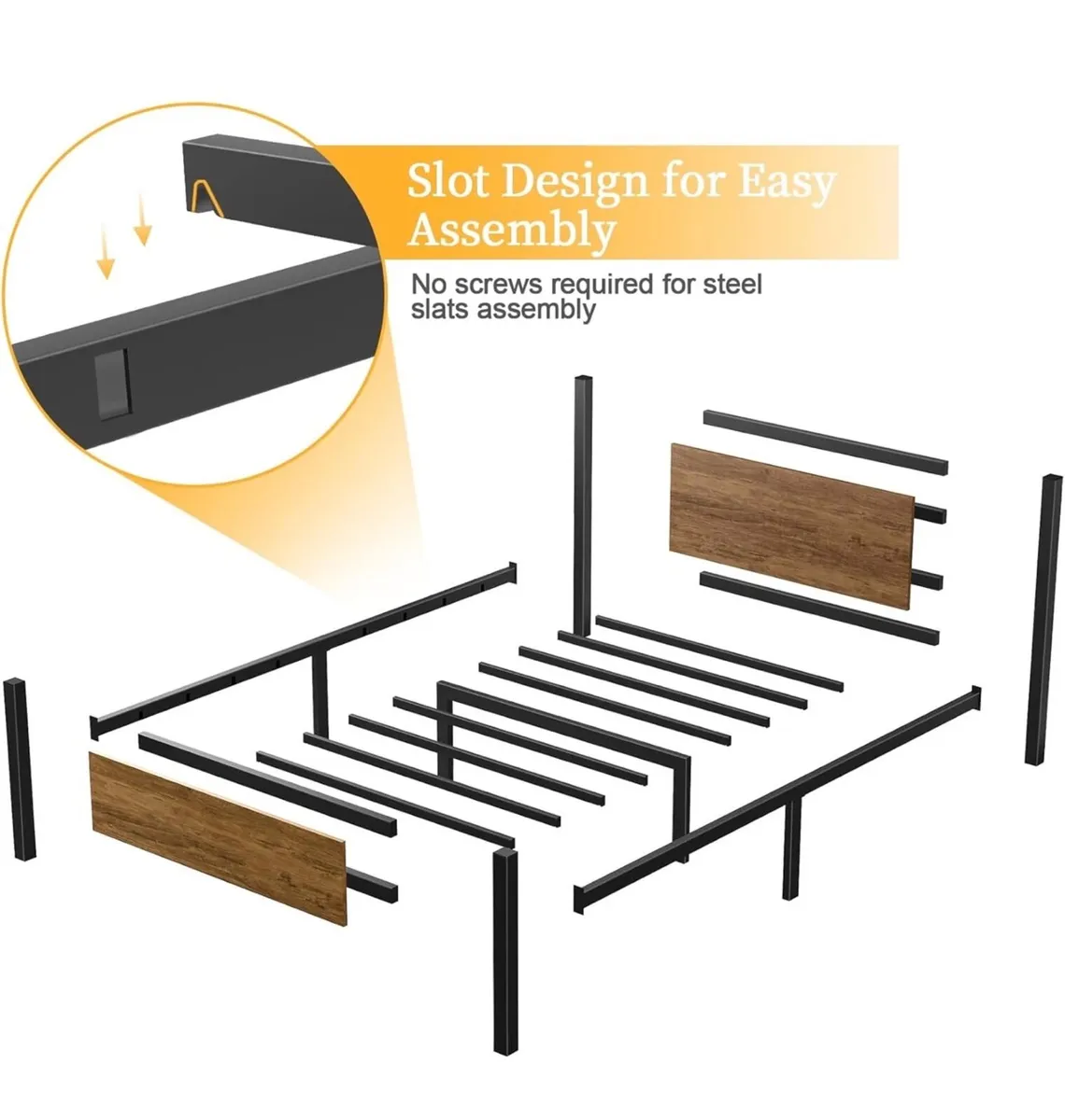 Single Bed Frame with Wooden Headboard, 31.5cm Met - Image 2