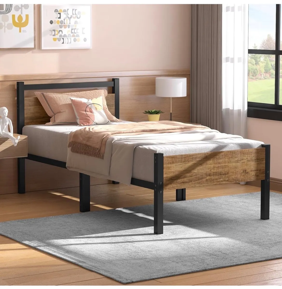 Single Bed Frame with Wooden Headboard, 31.5cm Met - Image 1
