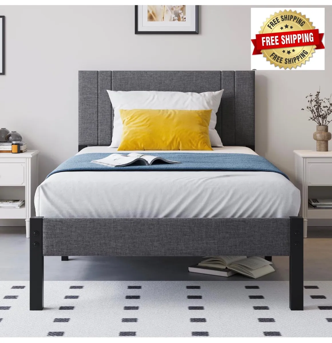 Metal Single Bed Frame with Storage and Shelf Head - Image 1
