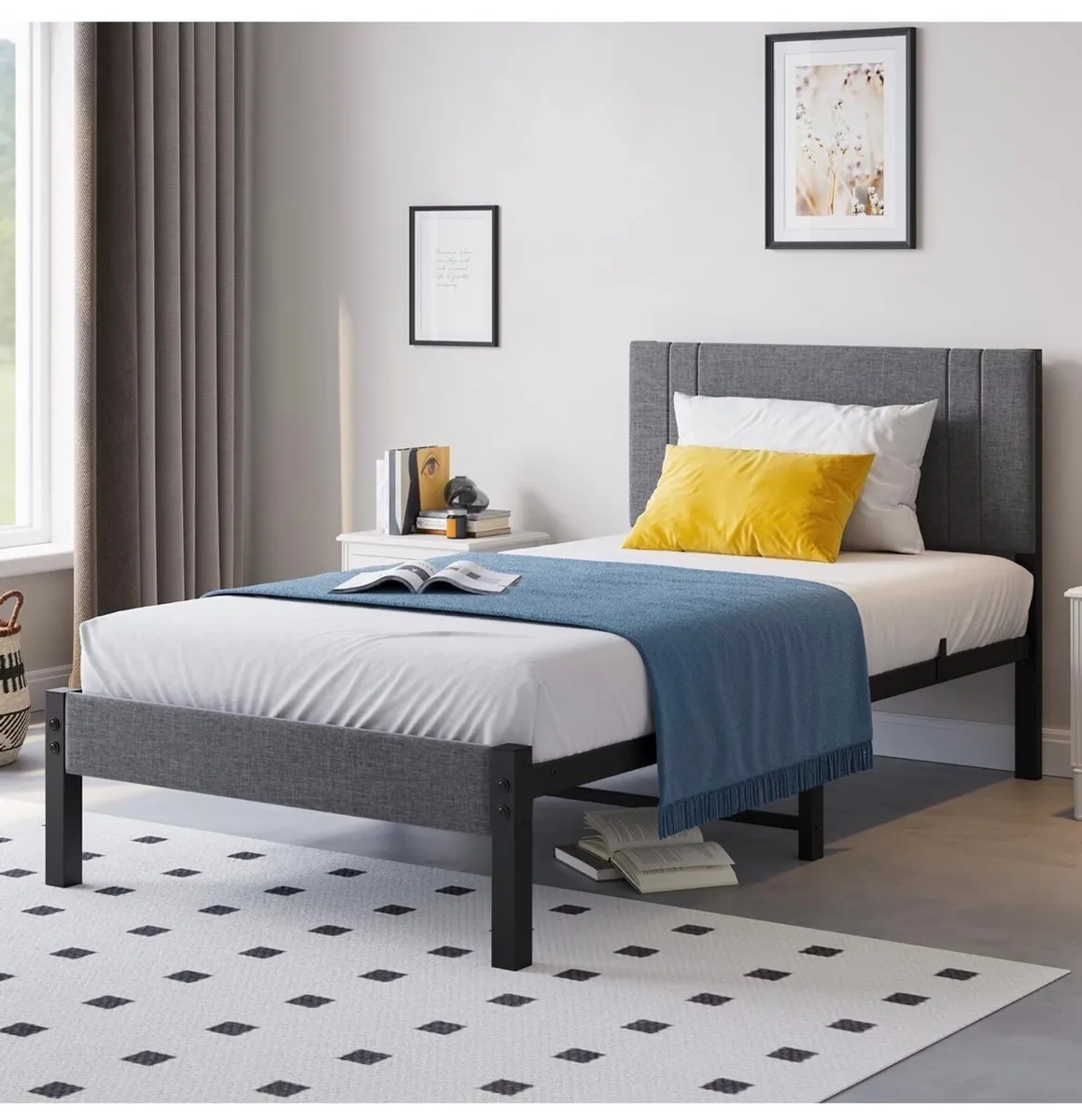Metal Single Bed Frame with Storage and Shelf Head - Image 1