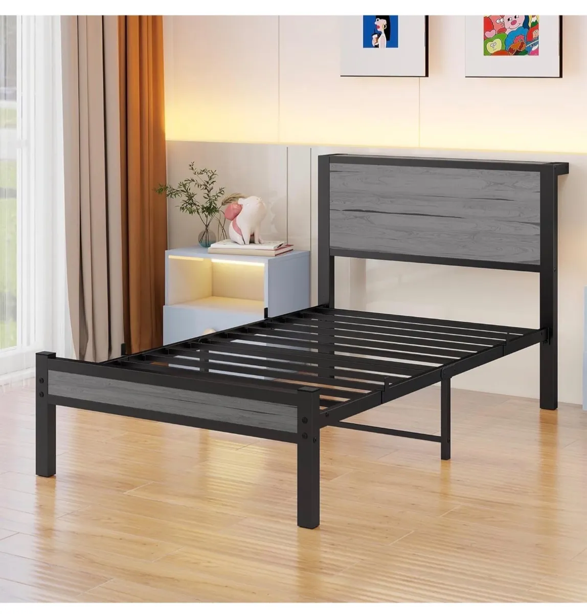 Wooden Single Bed Frame with Storage Headboard She - Image 3