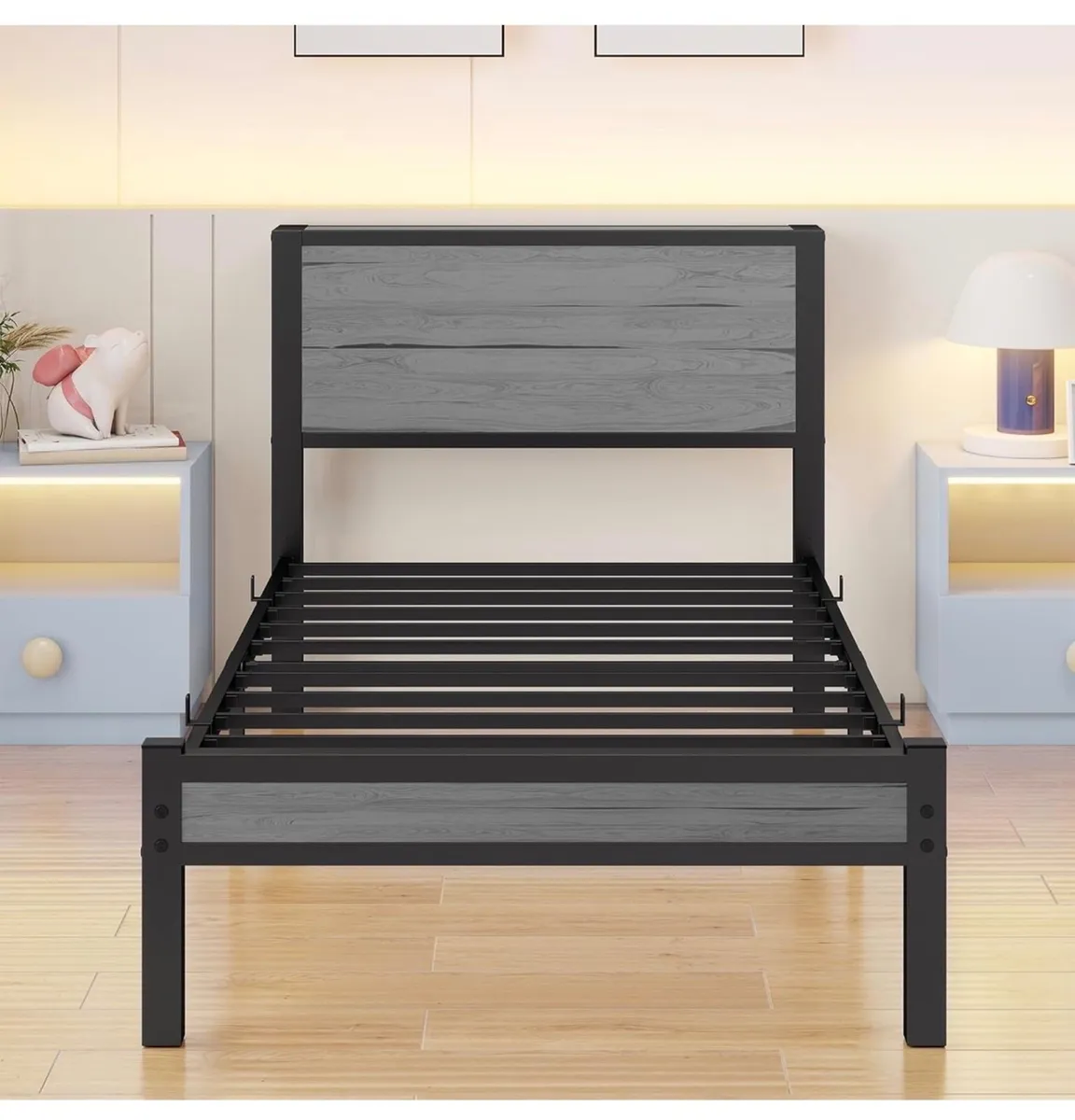 Wooden Single Bed Frame with Storage Headboard She - Image 2
