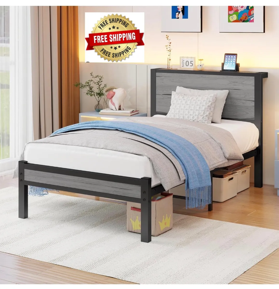 Wooden Single Bed Frame with Storage Headboard She - Image 1