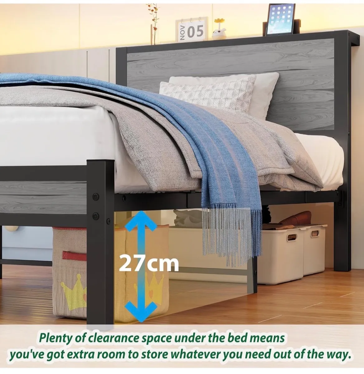 Wooden Single Bed Frame with Storage Headboard She - Image 4