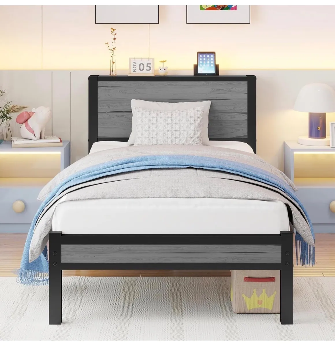 Wooden Single Bed Frame with Storage Headboard She - Image 1
