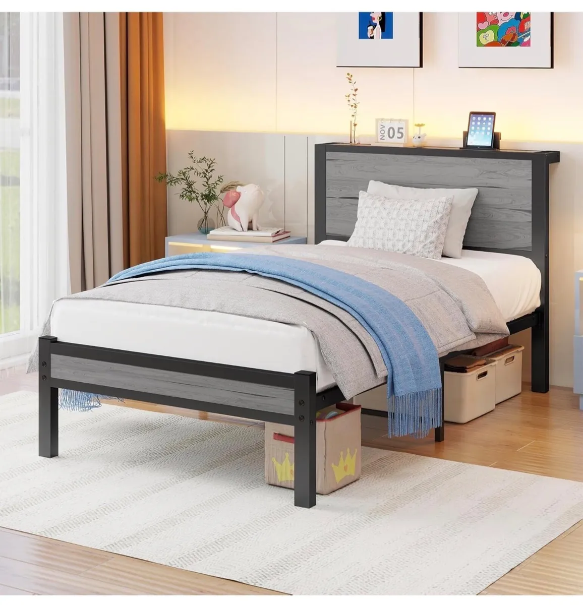 Wooden Single Bed Frame with Storage Headboard She - Image 3