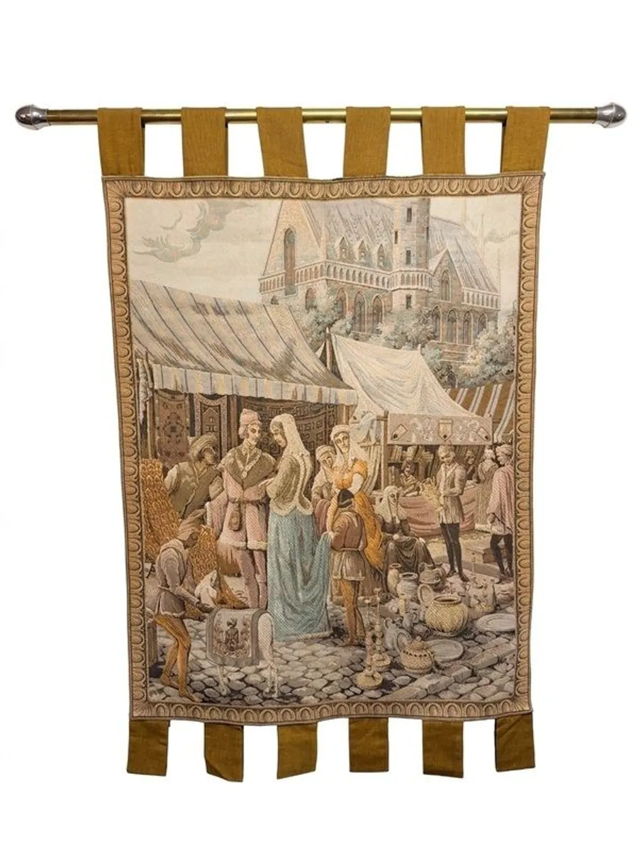 Vintage French Medieval Street Market Scene Tapestry - Image 1