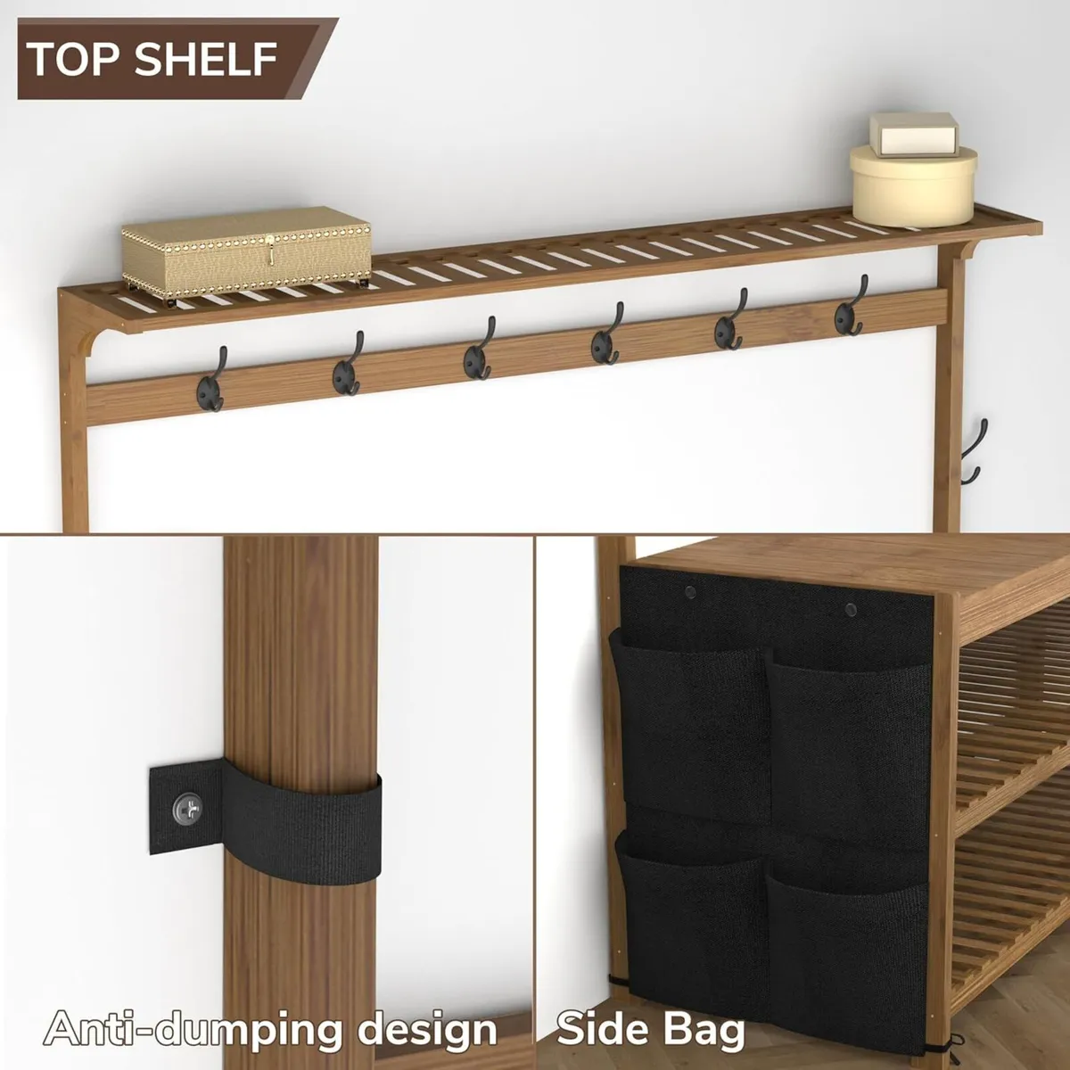 Coat Rack Bamboo Hall Tree Entryway Shoe Bench - Image 3
