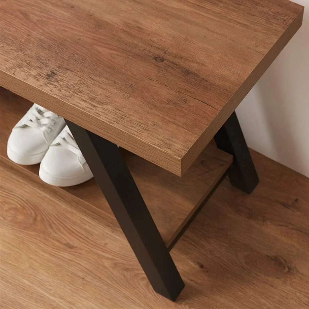 Entryway Bench with Storage Industrial Wood Metal - Image 4