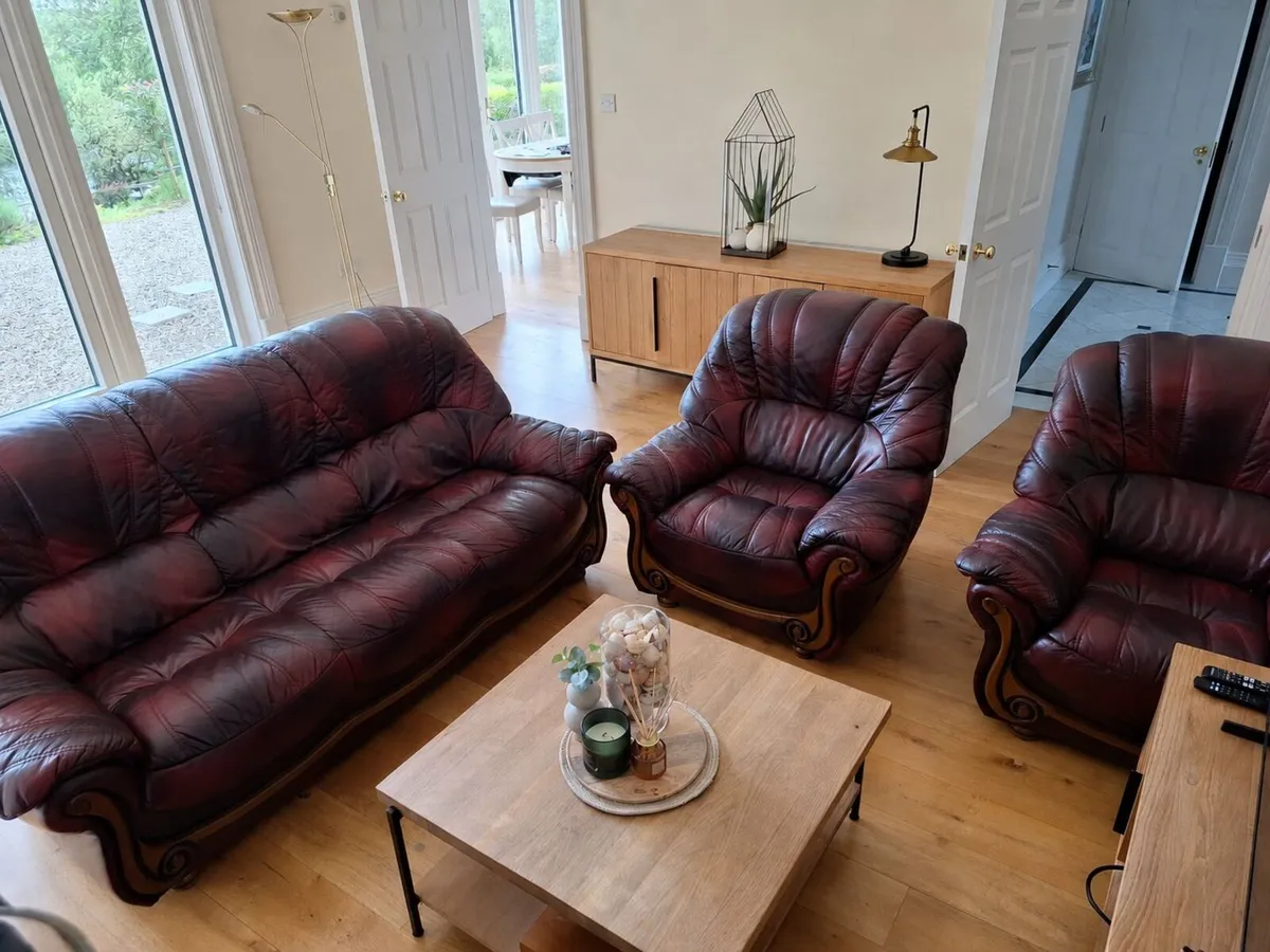 3-Piece Burgundy Leather Sofa Suite – 3 Seater & 2 - Image 1