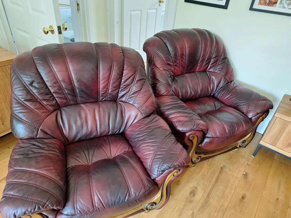 3-Piece Burgundy Leather Sofa Suite – 3 Seater & 2 - Image 2