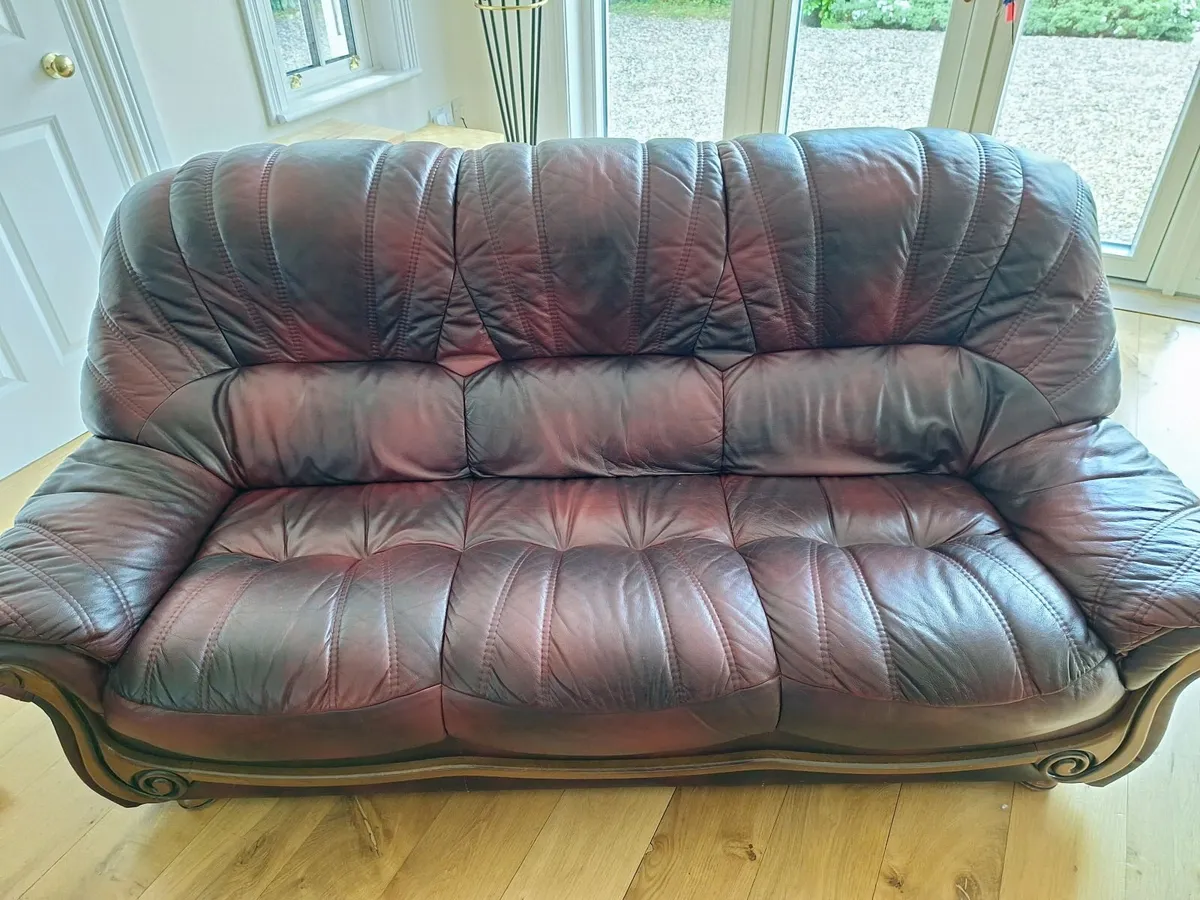 3-Piece Burgundy Leather Sofa Suite – 3 Seater & 2 - Image 3