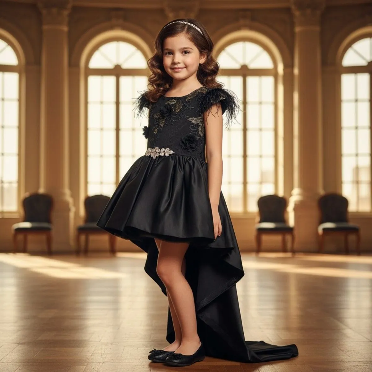 Girls Occasion Dress – The Odile, Black Lace & Fea - Image 1