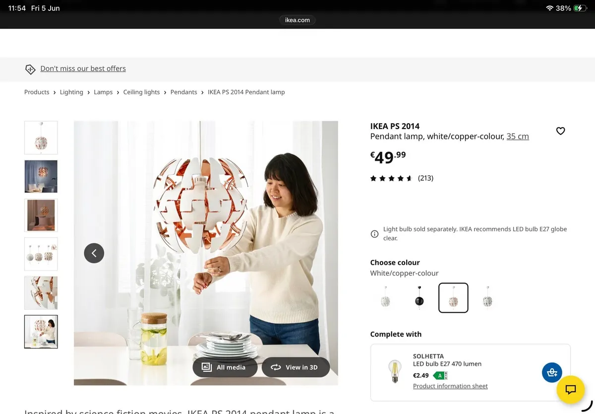 IKEA PS 2014 Pendant lamp, white/copper-colour - Image 4
