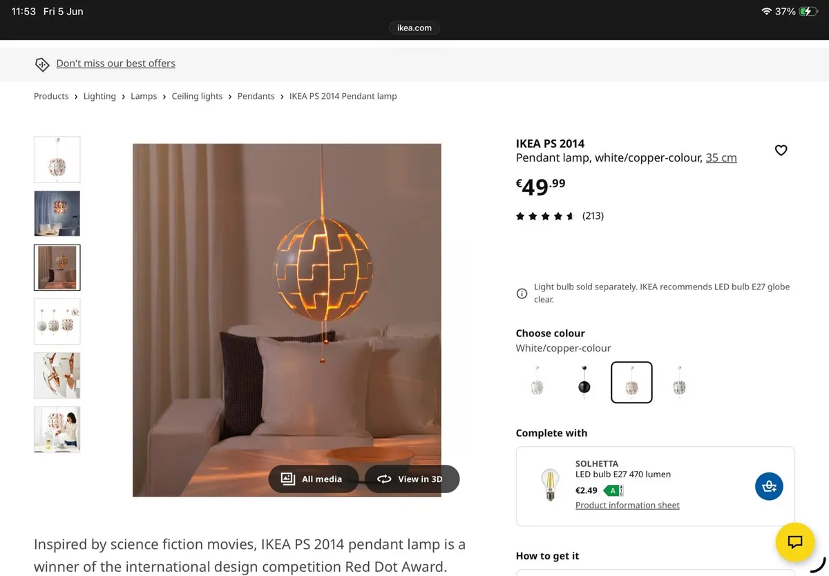 IKEA PS 2014 Pendant lamp, white/copper-colour - Image 1