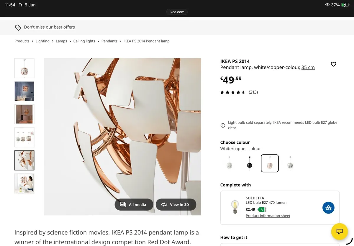 IKEA PS 2014 Pendant lamp, white/copper-colour - Image 2