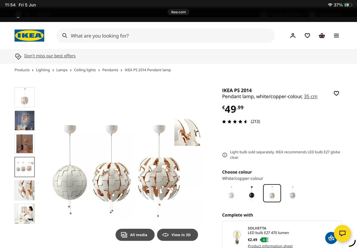 IKEA PS 2014 Pendant lamp, white/copper-colour - Image 3