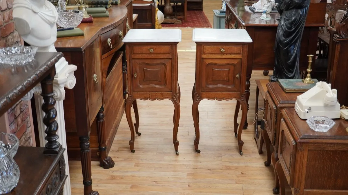 Pair of Antique Oak Marble Top Bedside Cabinets - Image 1