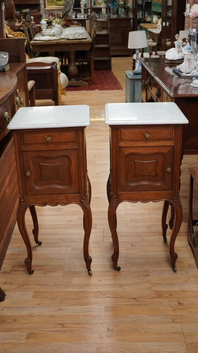 Pair of Antique Oak Marble Top Bedside Cabinets - Image 2
