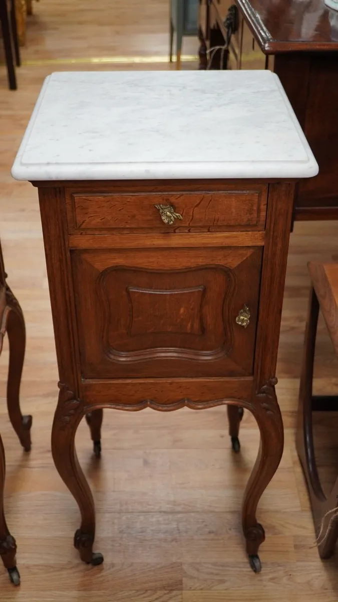 Pair of Antique Oak Marble Top Bedside Cabinets - Image 3