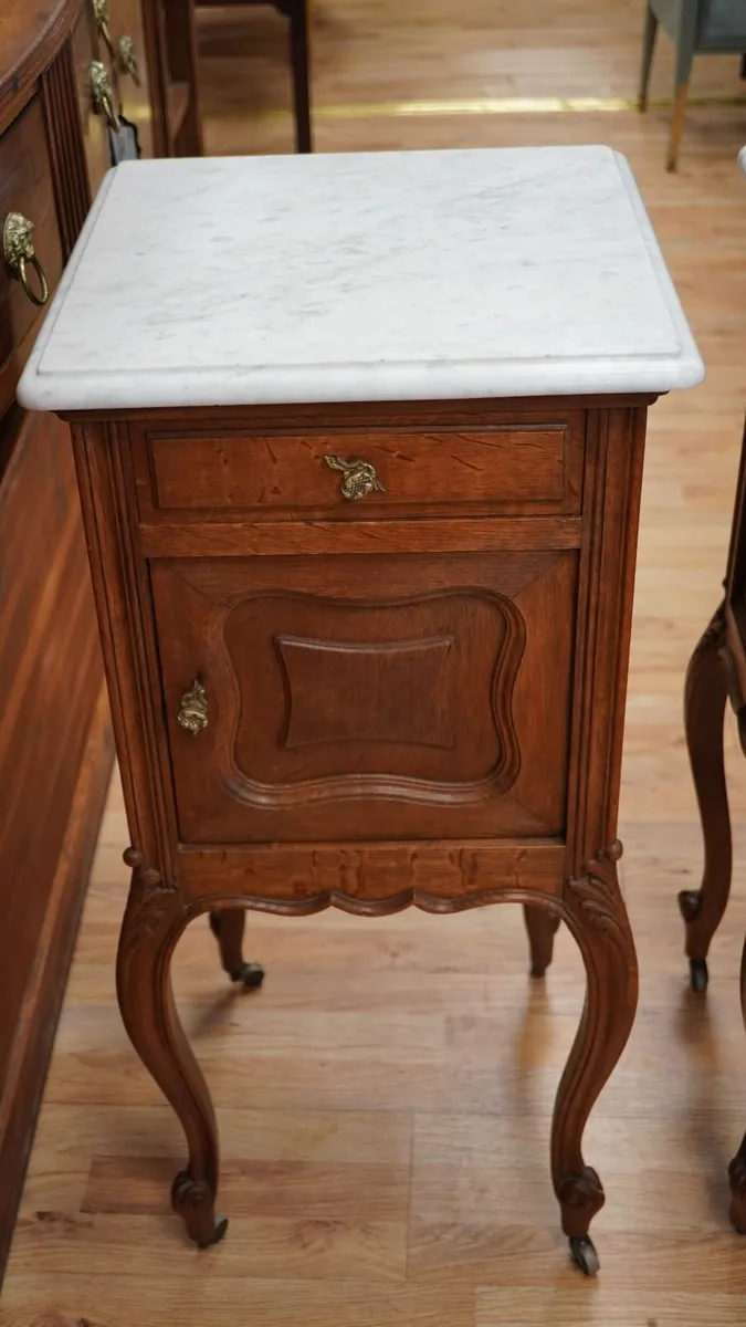 Pair of Antique Oak Marble Top Bedside Cabinets - Image 4