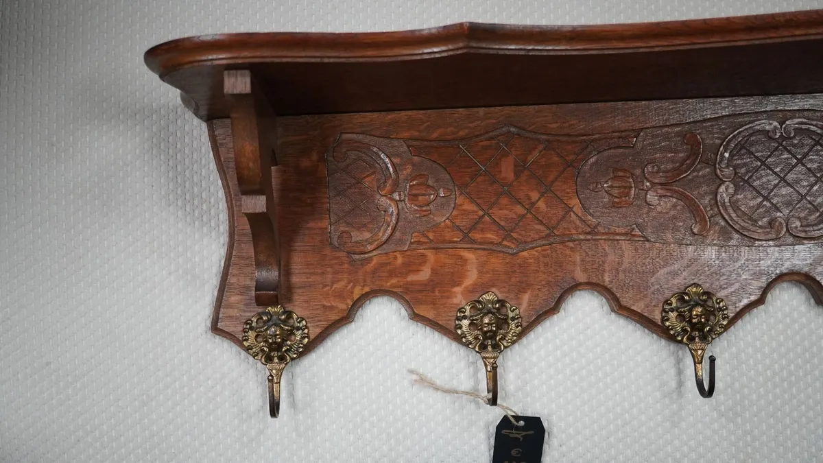 French Carved Oak Wall Coat Rack - Image 2
