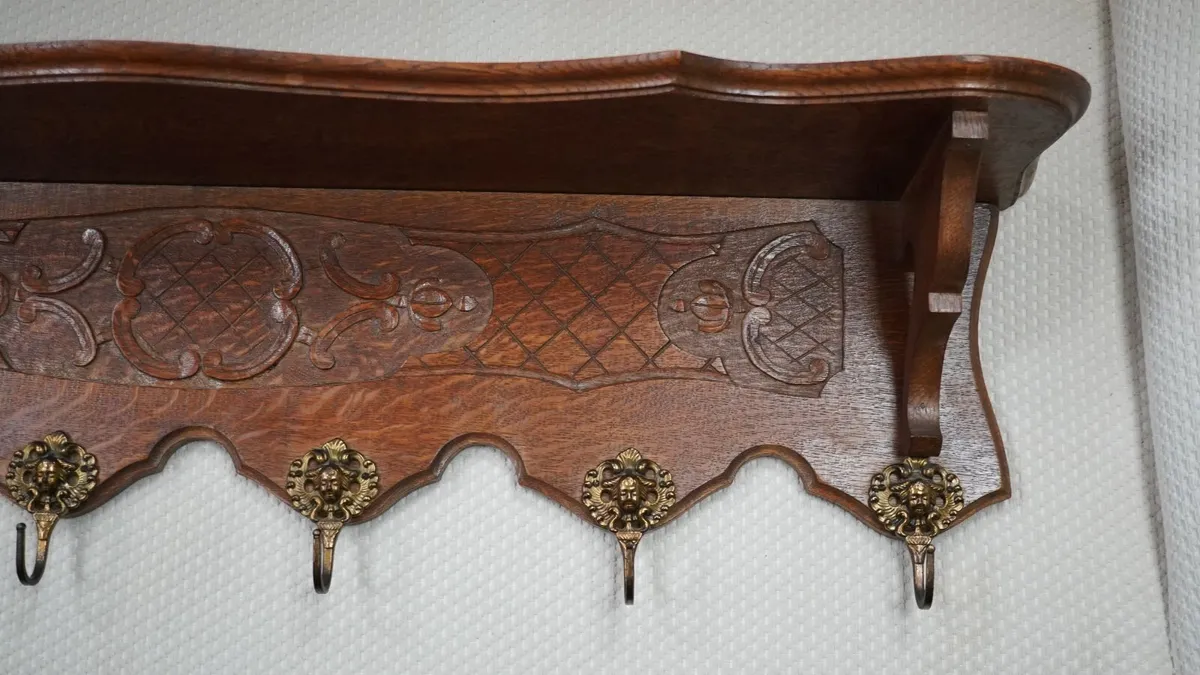 French Carved Oak Wall Coat Rack - Image 3