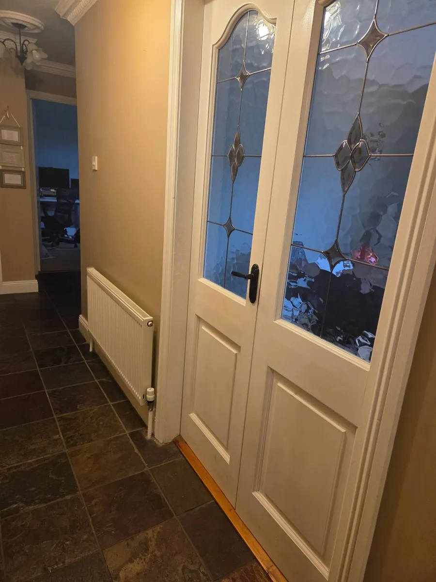 White Internal Double Doors with Decorative Glazed - Image 1