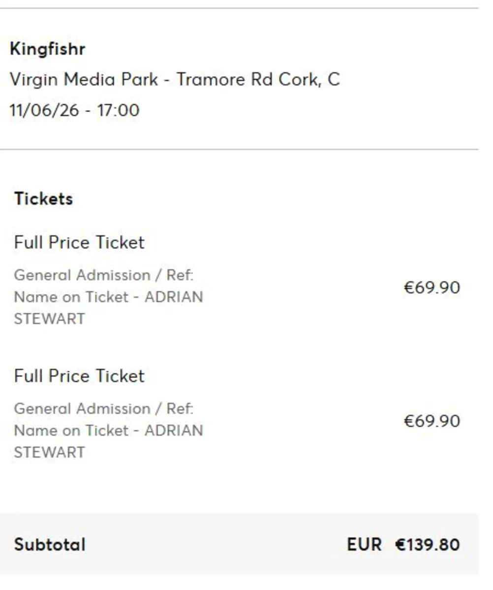 Kingfishr Tickets Virgin Media Park 11th June - Image 1