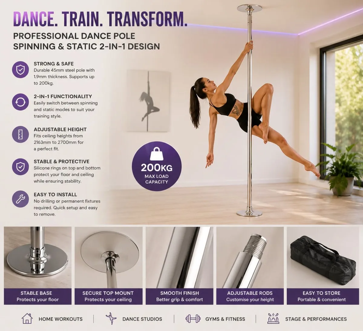 Professional Dance Pole  Adjustable 2163–2700mm - Image 1