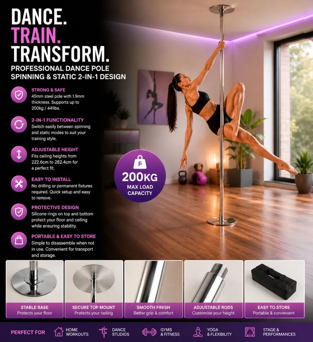 Professional Dance Pole Height  222.6 to 282.4cm - Image 2