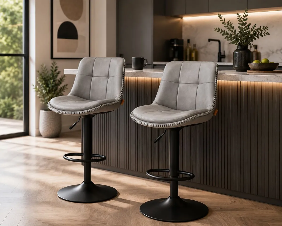 Set of 2 Adjustable Swivel Bar Stools Faux Leather - Image 1