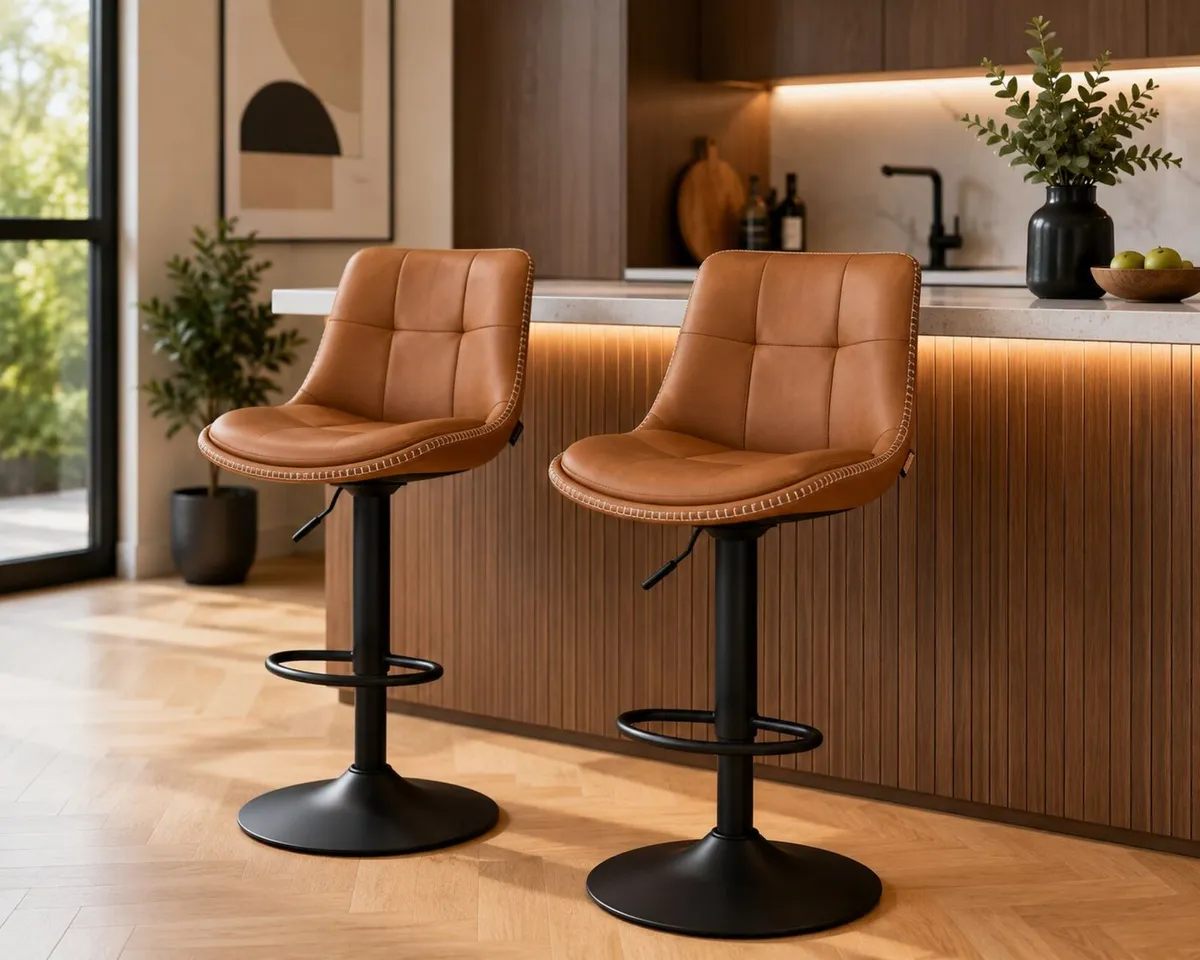Set of 2 Adjustable Swivel Bar Stools Faux Leather - Image 1