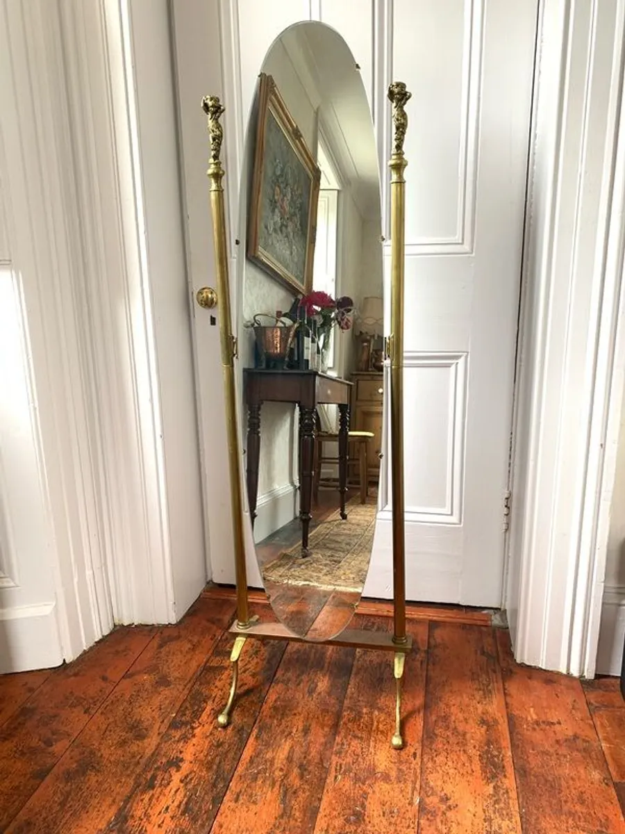 Brass Cheval Mirror with Cherub Finials. - Image 1