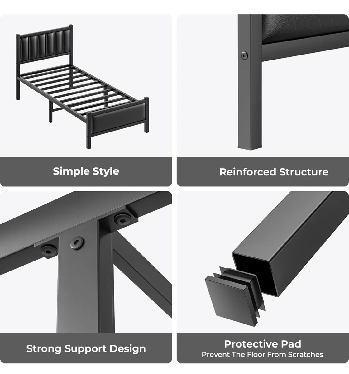 Single Bed Frame with Upholstered Headboard, 3ft M - Image 4