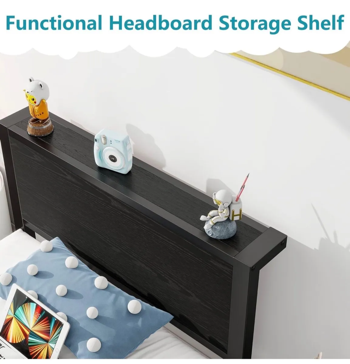 Single Bed Frame with Wood Storage Headboard, Meta - Image 2