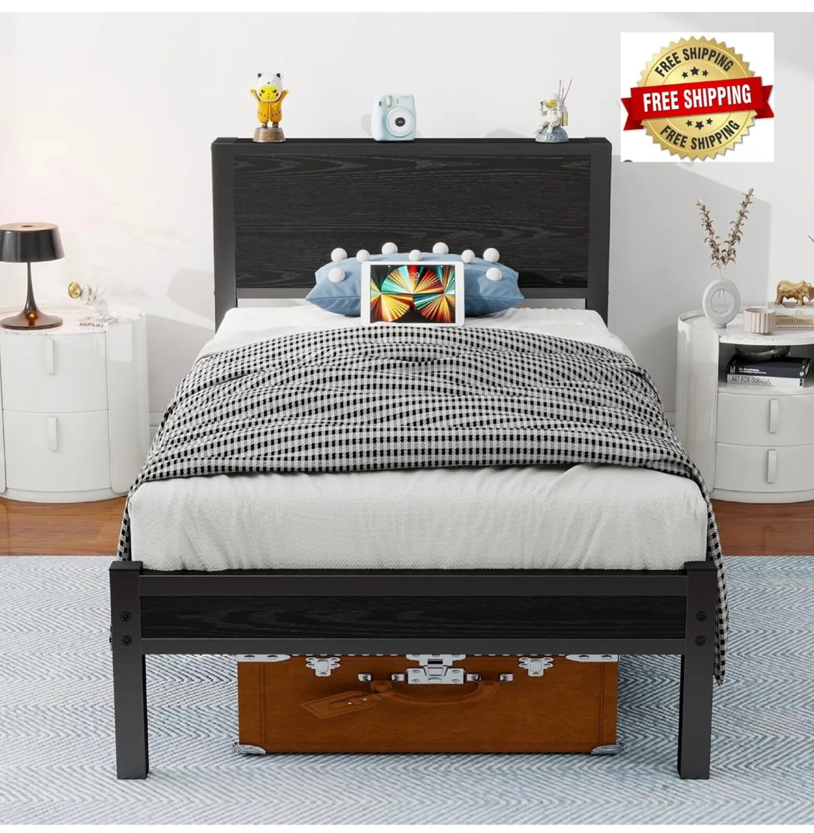Single Bed Frame with Wood Storage Headboard, Meta - Image 1