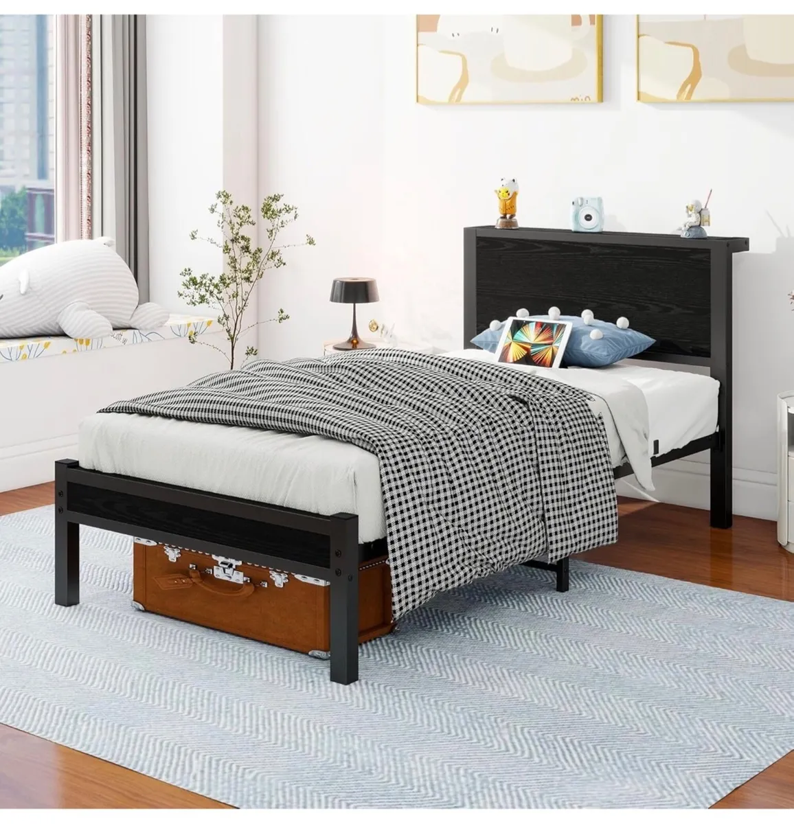 Single Bed Frame with Wood Storage Headboard, Meta - Image 1