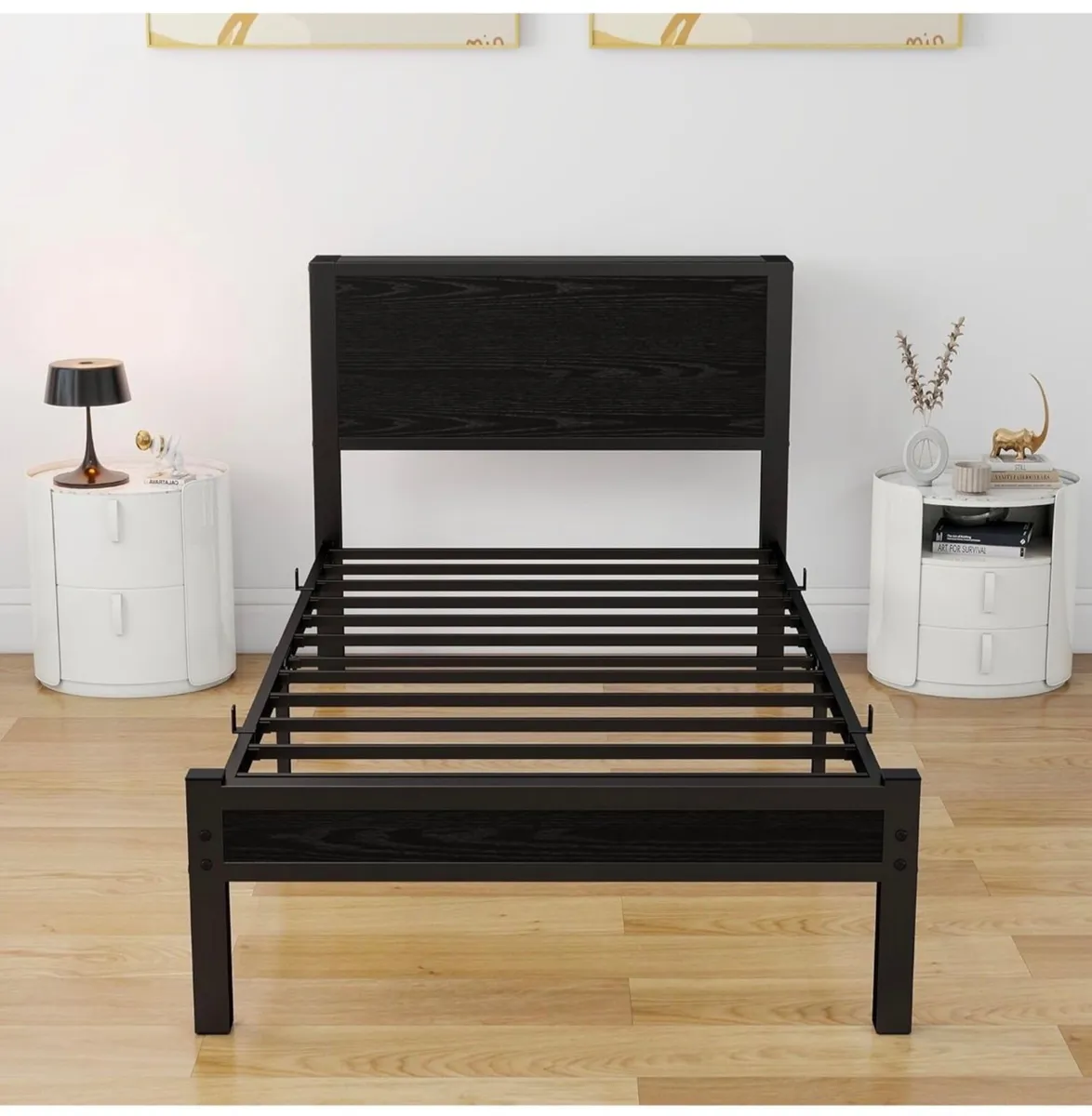 Single Bed Frame with Wood Storage Headboard, Meta - Image 4