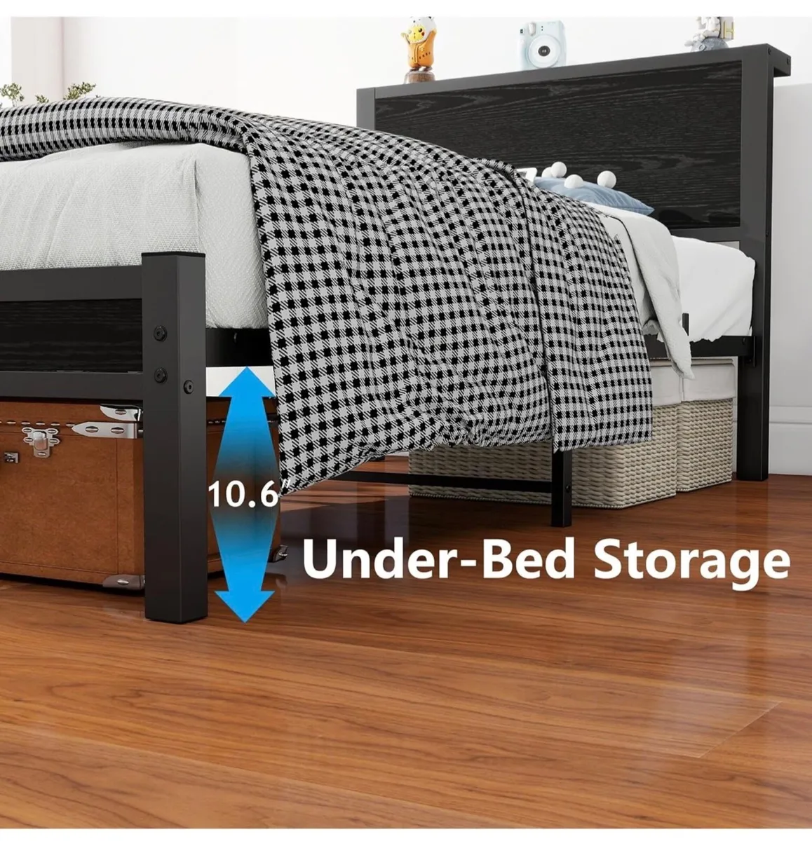 Single Bed Frame with Wood Storage Headboard, Meta - Image 3