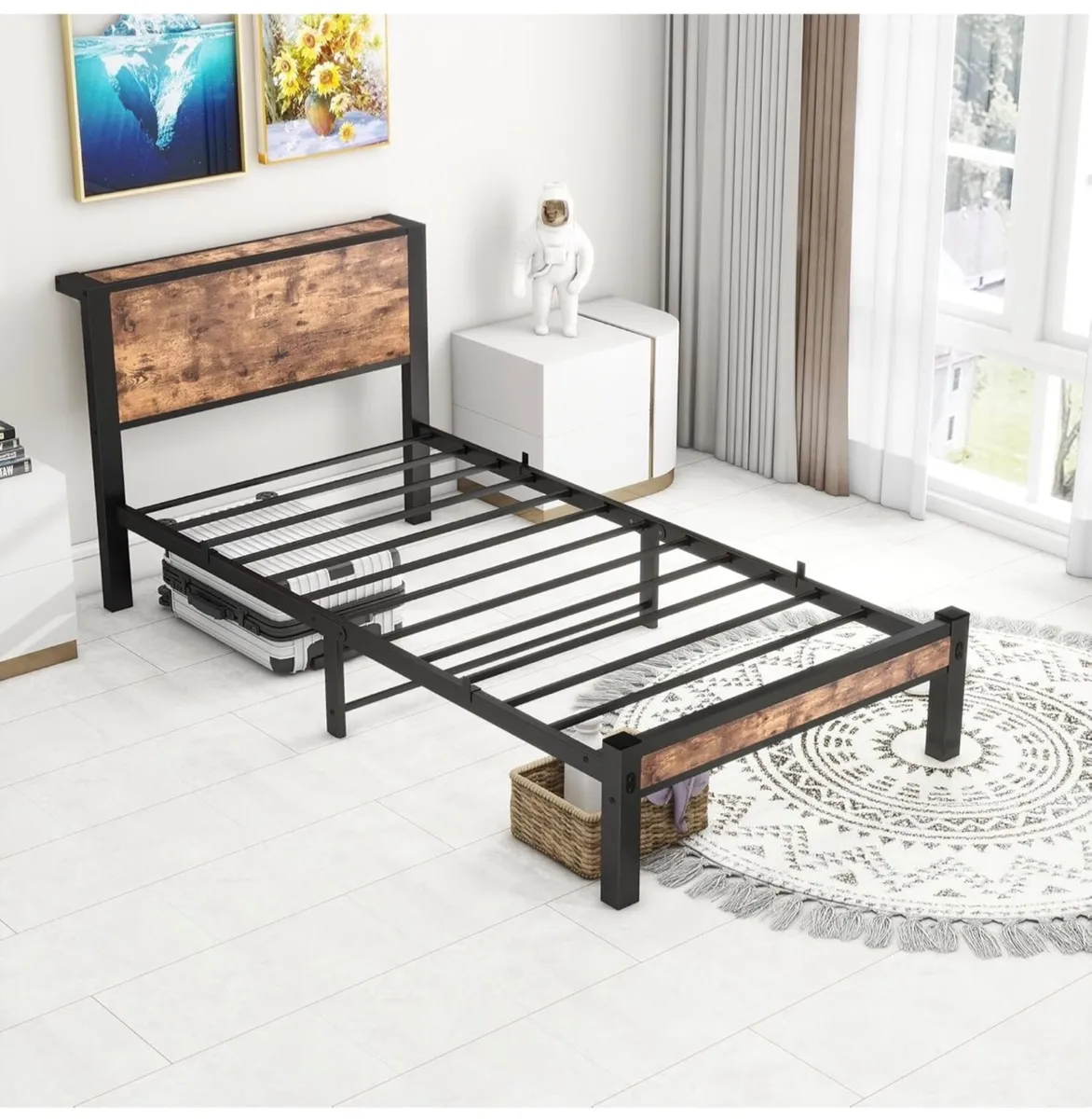 Single Bed Frame with Wood Storage Headboard, Meta - Image 3