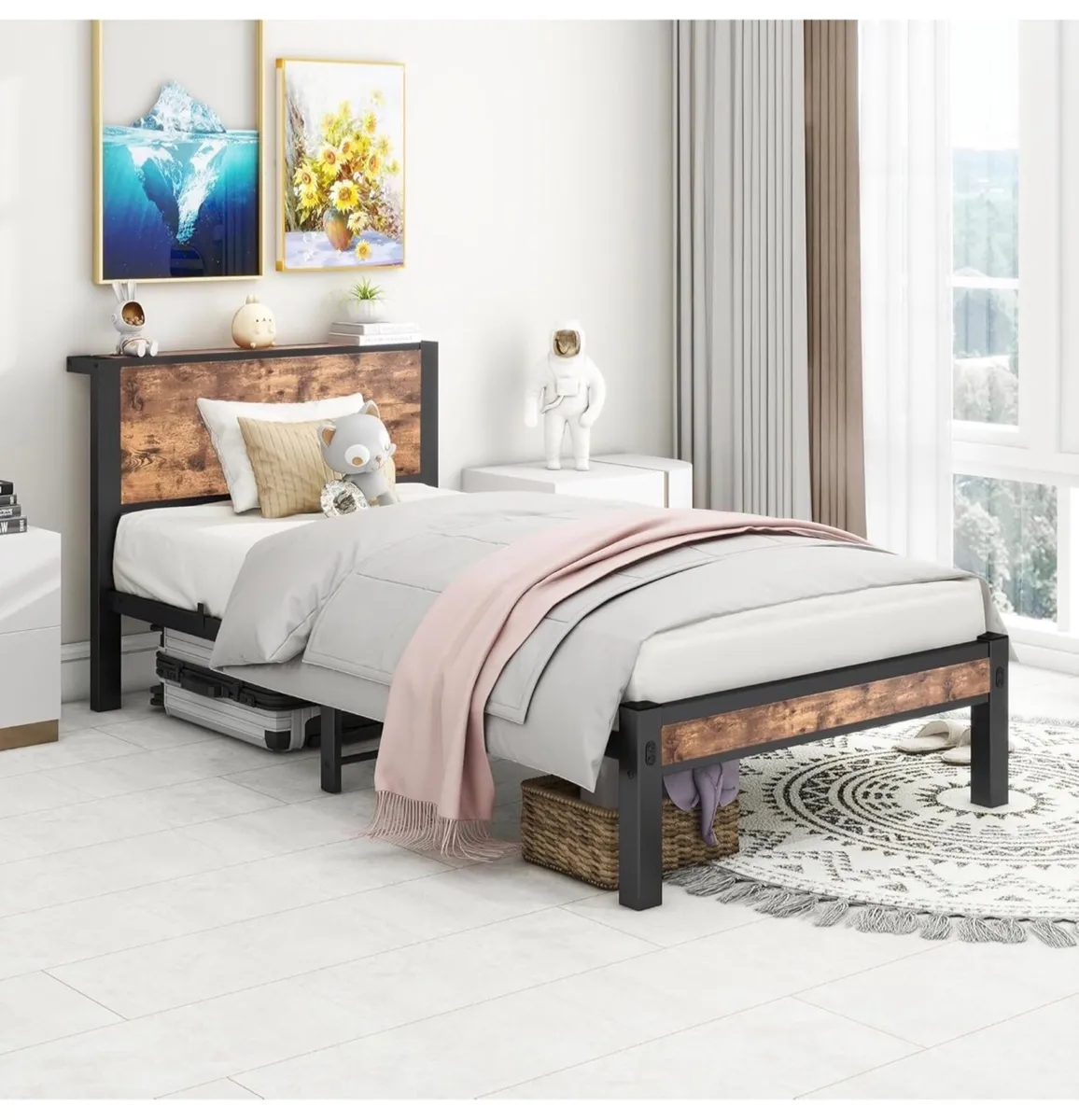 Single Bed Frame with Wood Storage Headboard, Meta - Image 1