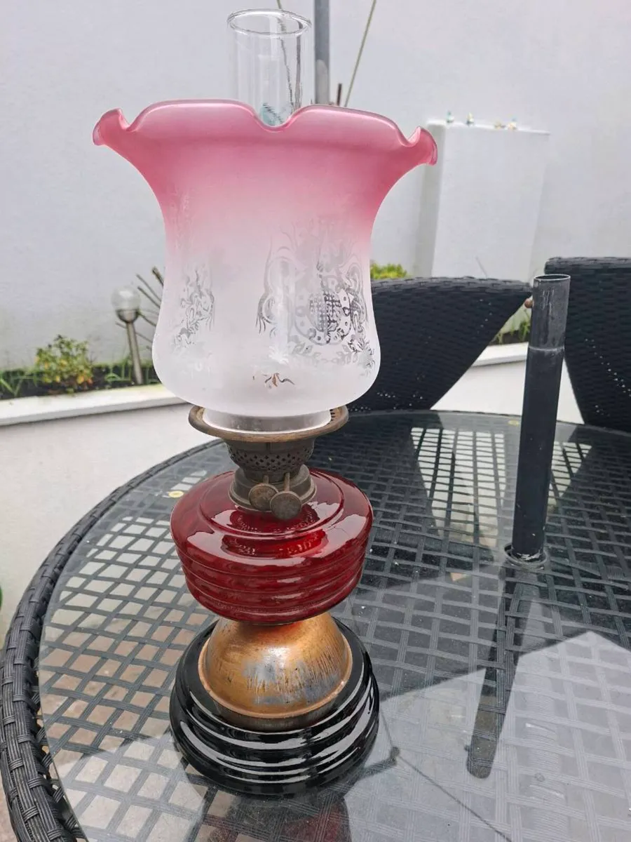 Antique Victorian British made Cranberry Oil Lamp - Image 1