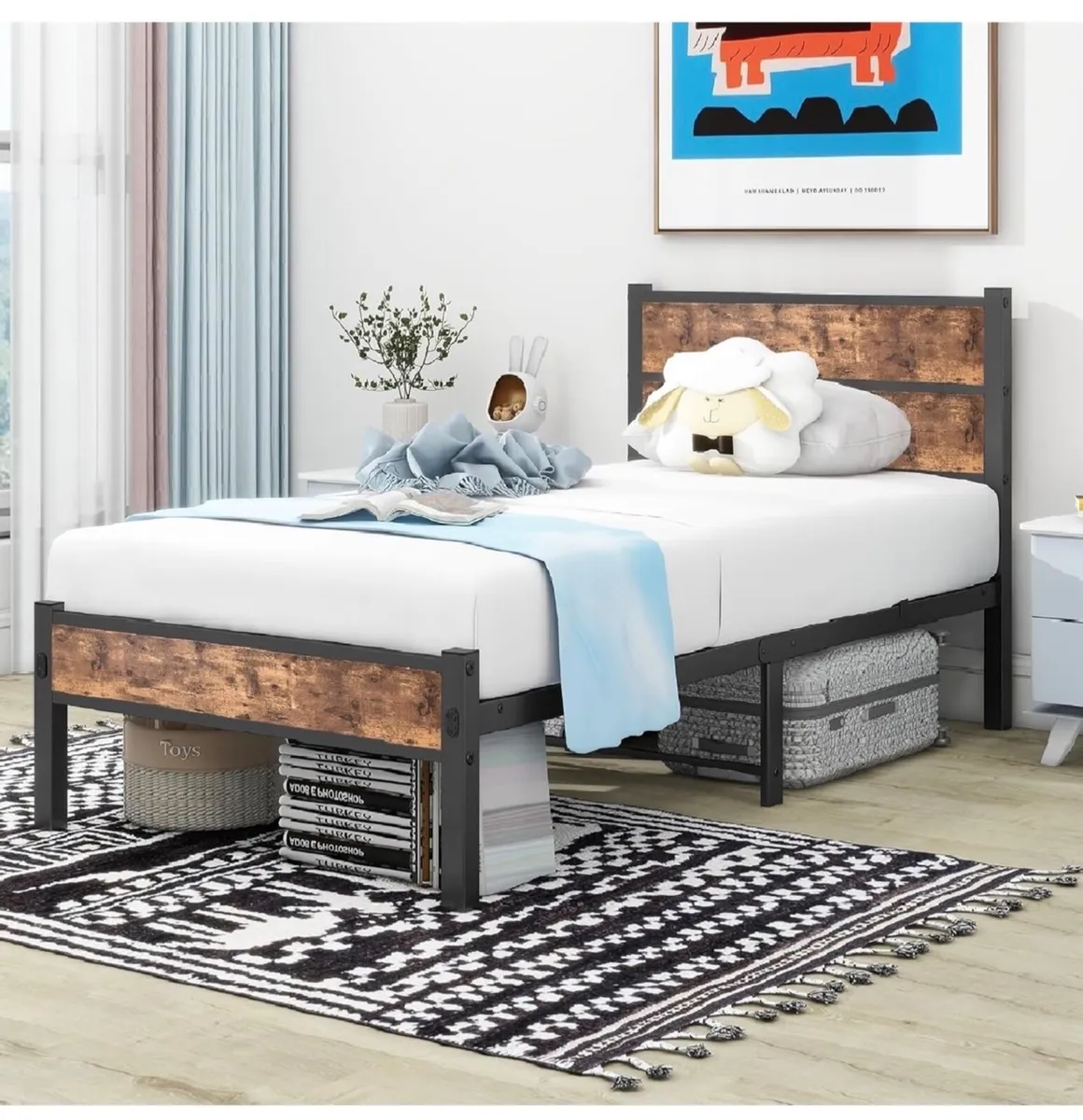 Single Bed Frame with Wooden Headboard and Footboa - Image 1