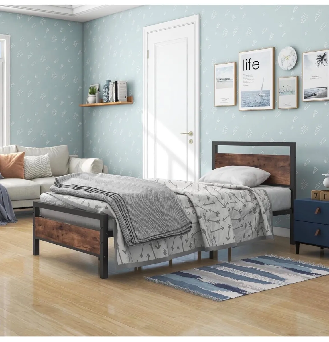 3ft Single Bed Frame with Wood Headboard,Heavy Dut - Image 1