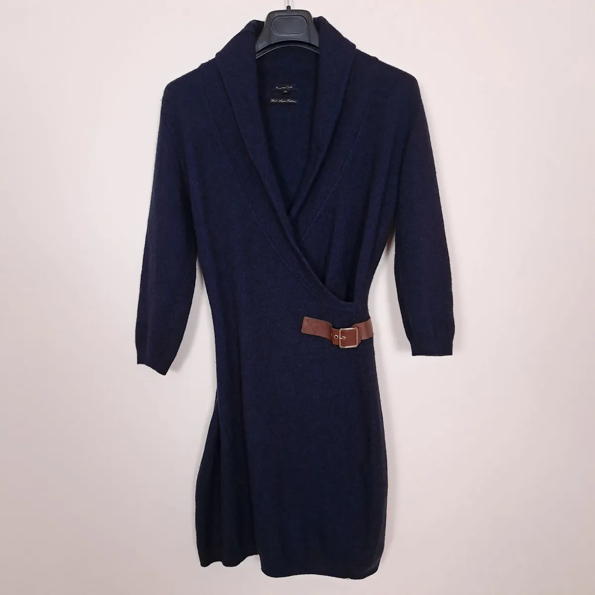 Massimo Dutti Navy Blue Shawl Collar Knit Dress M - Image 4
