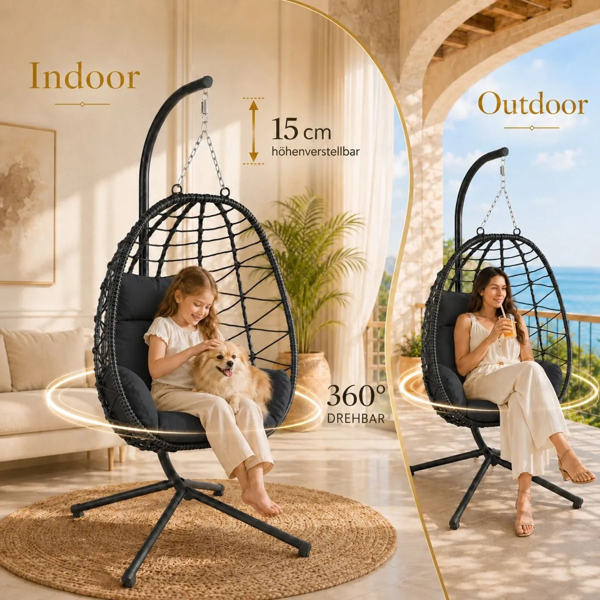 Hanging Egg Chair with Stand Foldable Poly Rattan - Image 3