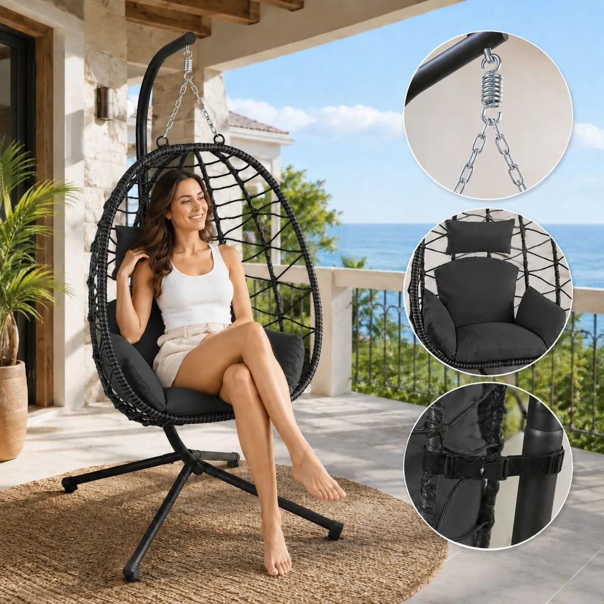 Hanging Egg Chair with Stand Foldable Poly Rattan - Image 4