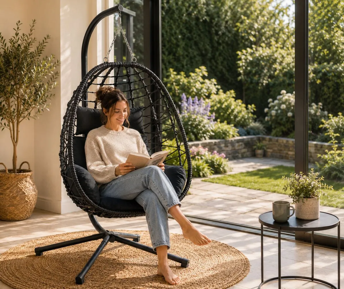Hanging Egg Chair with Stand Foldable Poly Rattan - Image 2